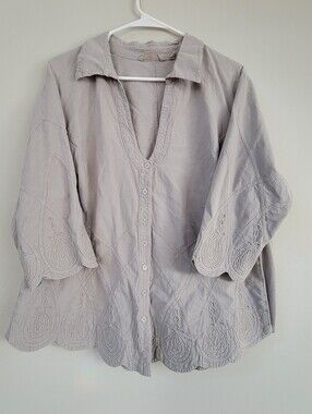 Soft Surroundings Gray Embroidered Boxy Top Women Size 2X Coastal Boho Casual